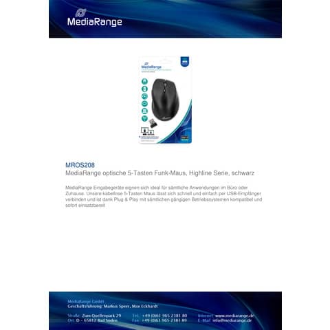 Mouse ottico Media Range 5 pulsanti, serie highline, wireless 1600 dpi nero MROS208